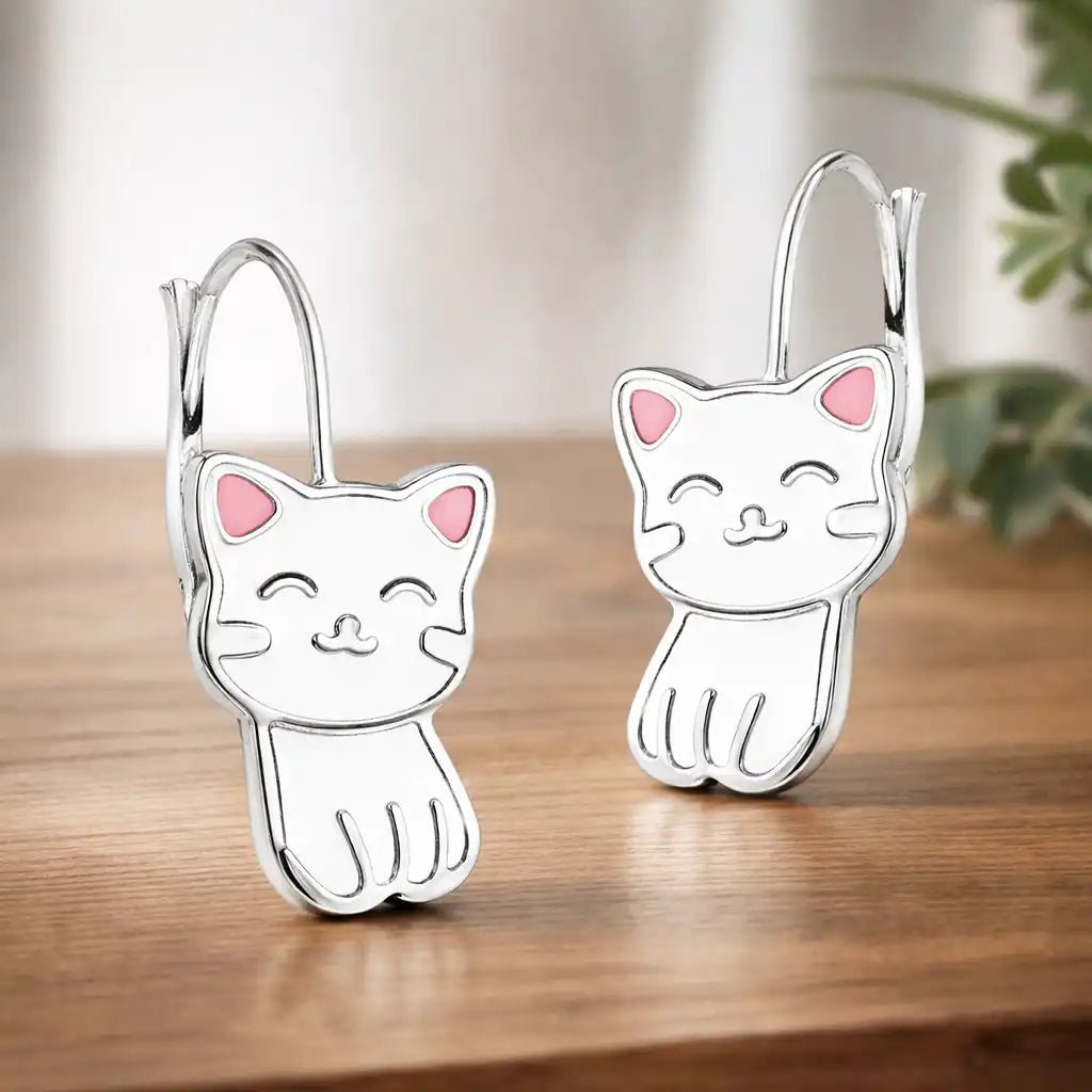 Katzen Ohrringe Kinder Silber 925 – Tier Ohrhänger Weiß Bild 2