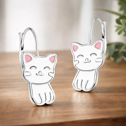 Katzen Ohrringe Kinder Silber 925 – Tier Ohrhänger Weiß Bild 2