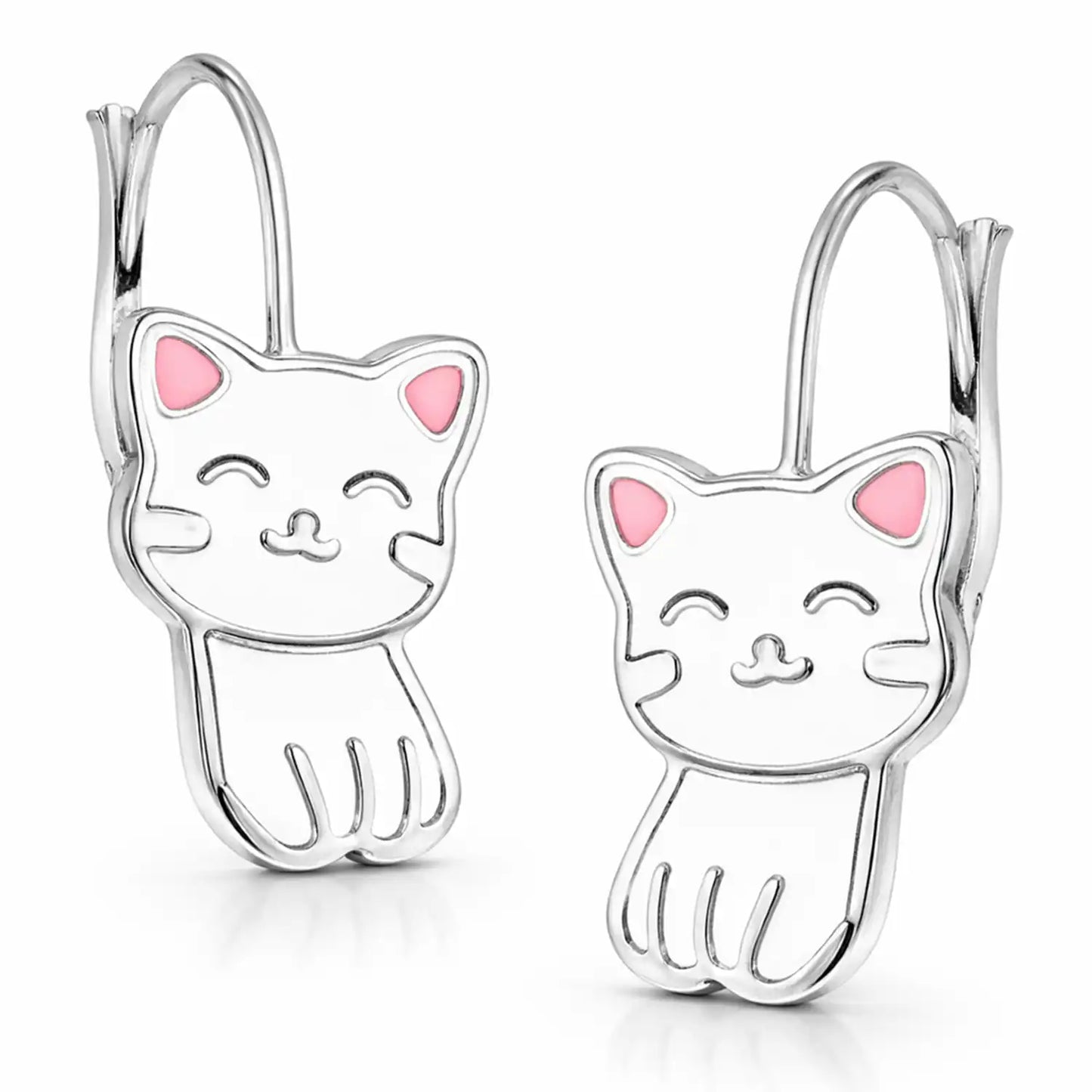 Katzen Ohrringe Kinder Silber 925 – Tier Ohrhänger Weiß Bild 1