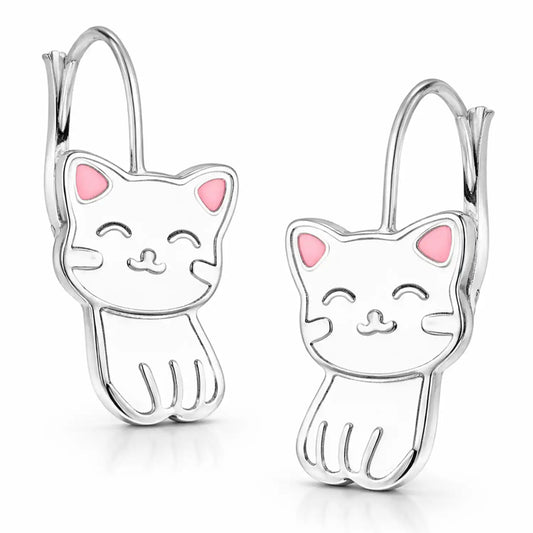 Katzen Ohrringe Kinder Silber 925 – Tier Ohrhänger Weiß Bild 1