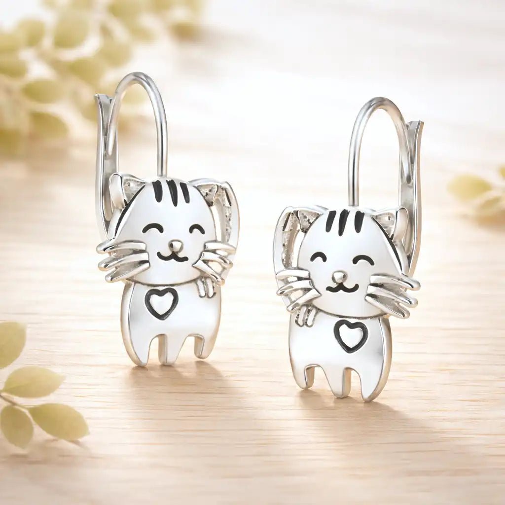 Katzen Ohrringe Silber 925 – Tier Ohrhänger Kater Bild 2