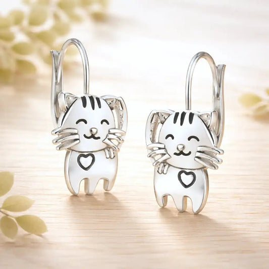 Katzen Ohrringe Silber 925 – Tier Ohrhänger Kater Bild 2