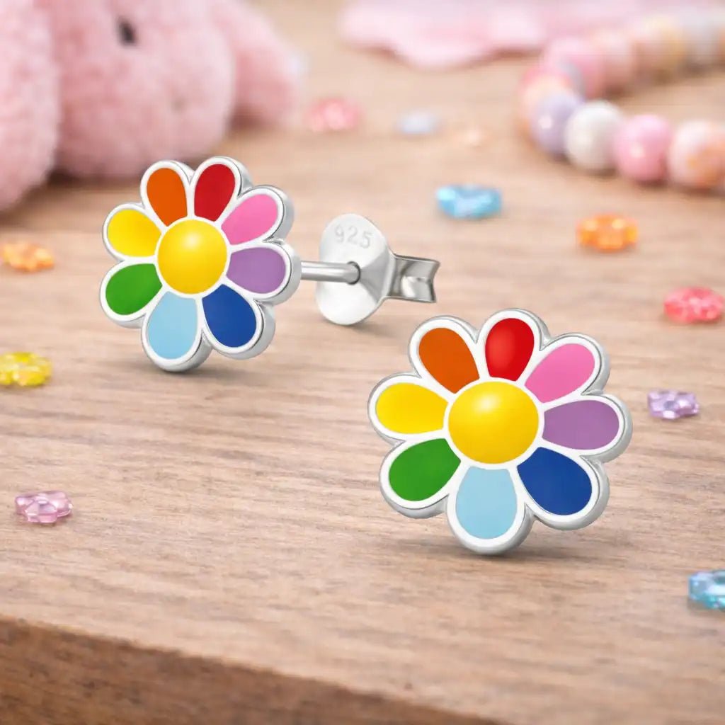 Blumen Ohrstecker Kinder 925 Silber – Bunte Blüte Bild 2