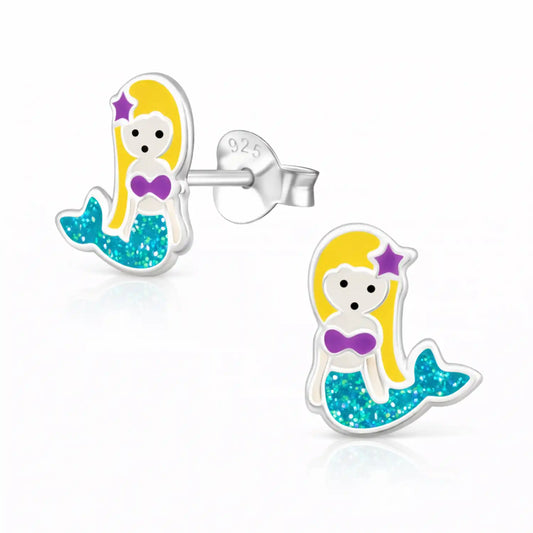 Meerjungfrau Ohrstecker Kinder 925 Silber – Glitzer Blau Bild 1