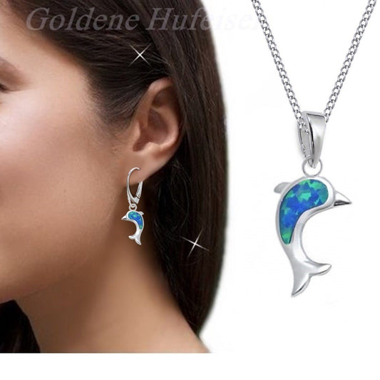 Ohrringe Damen Delfin Schmuckset Kette 925 Silber Blau Opal 40 cm Bild 2