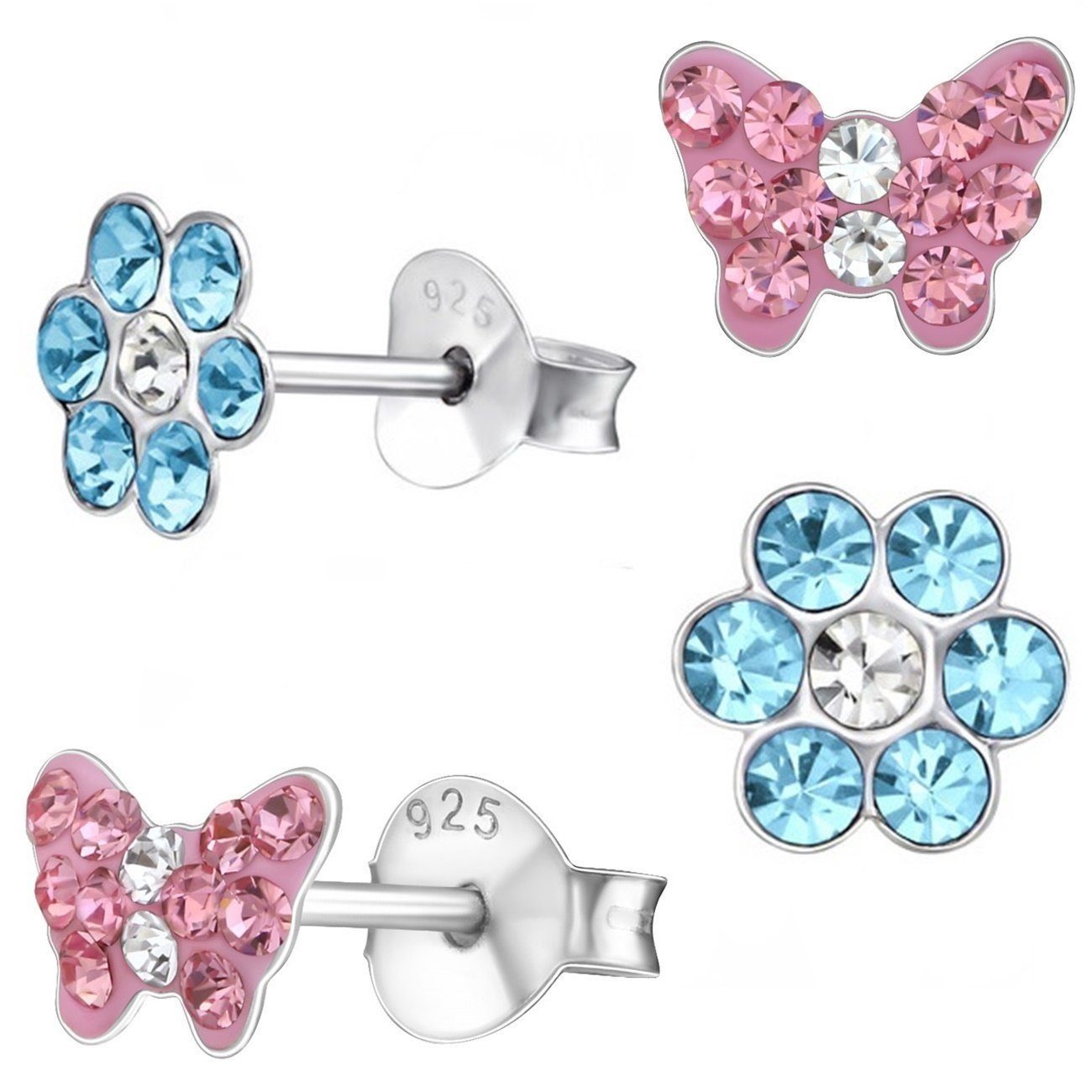 Kinder Ohrstecker Set 925 Silber – Blume Schmetterling Bild 1
