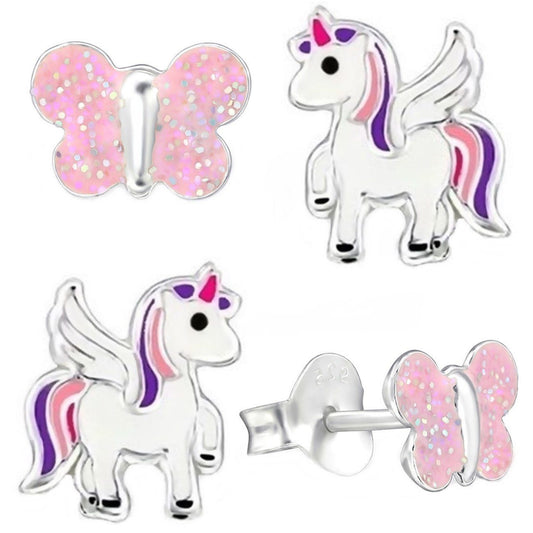 Ohrringe Kinder Einhorn Schmetterling Rosa Set Bild 1