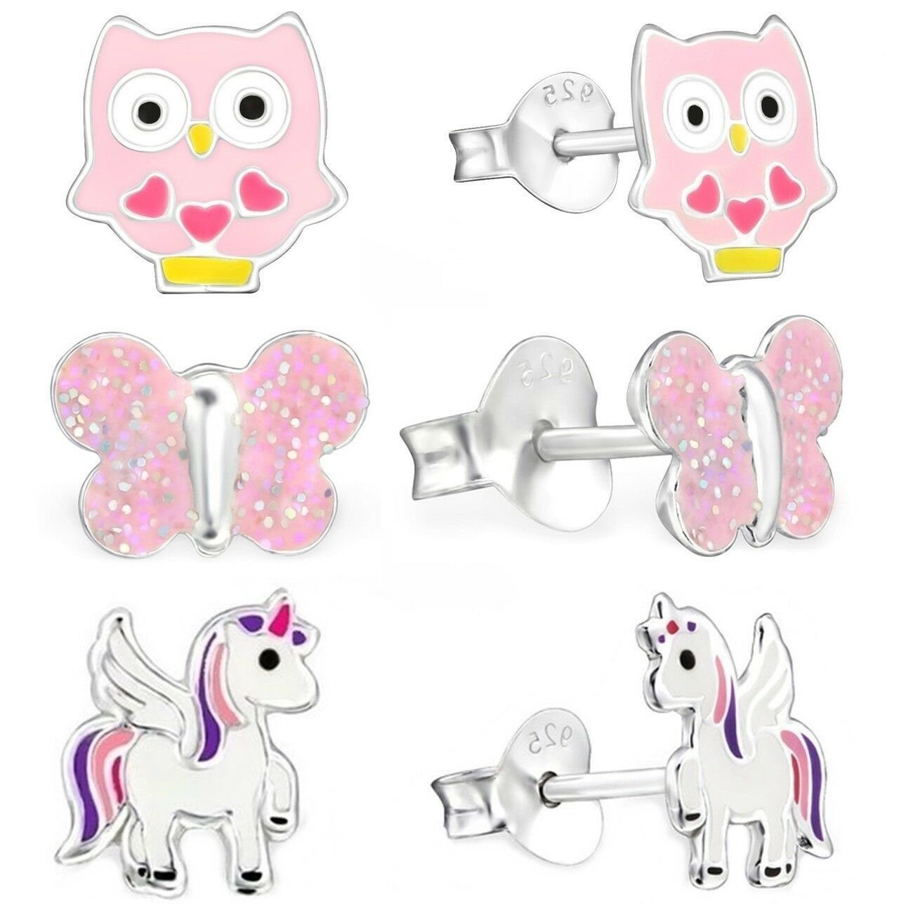 Ohrringe Kinder Schmuckset Einhorn Schmetterling Eule Bild 1