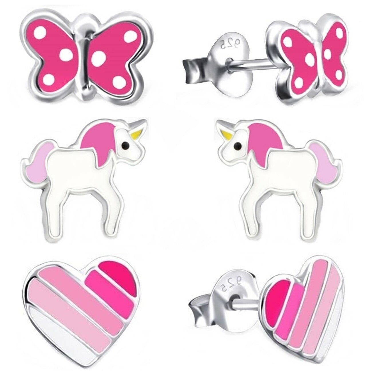 Ohrringe Kinder Set Einhorn Schmetterling Herz 3 Paar Bild 1