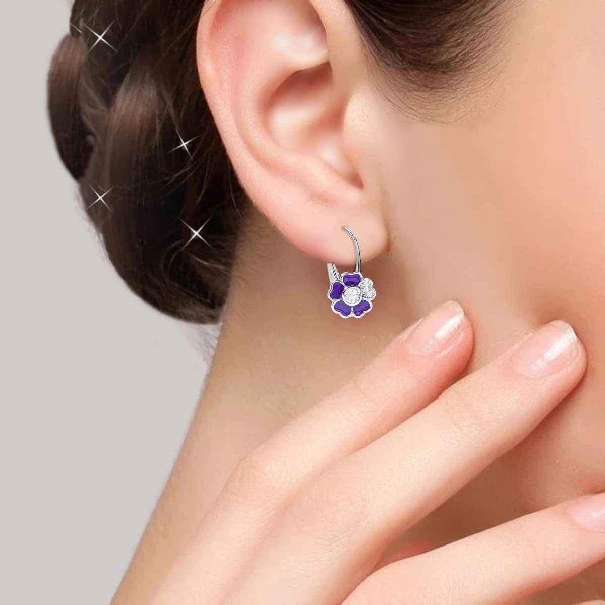Ohrringe Mädchen Blume Lila Silber 925 mit Zirkonia Bild 3