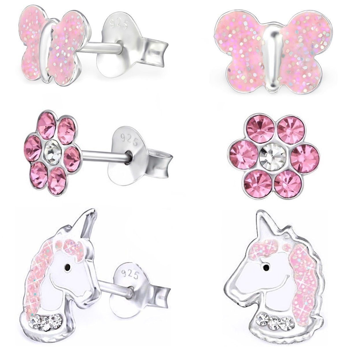 Ohrringe Mädchen Set Einhorn Schmetterling Blume Bild 1