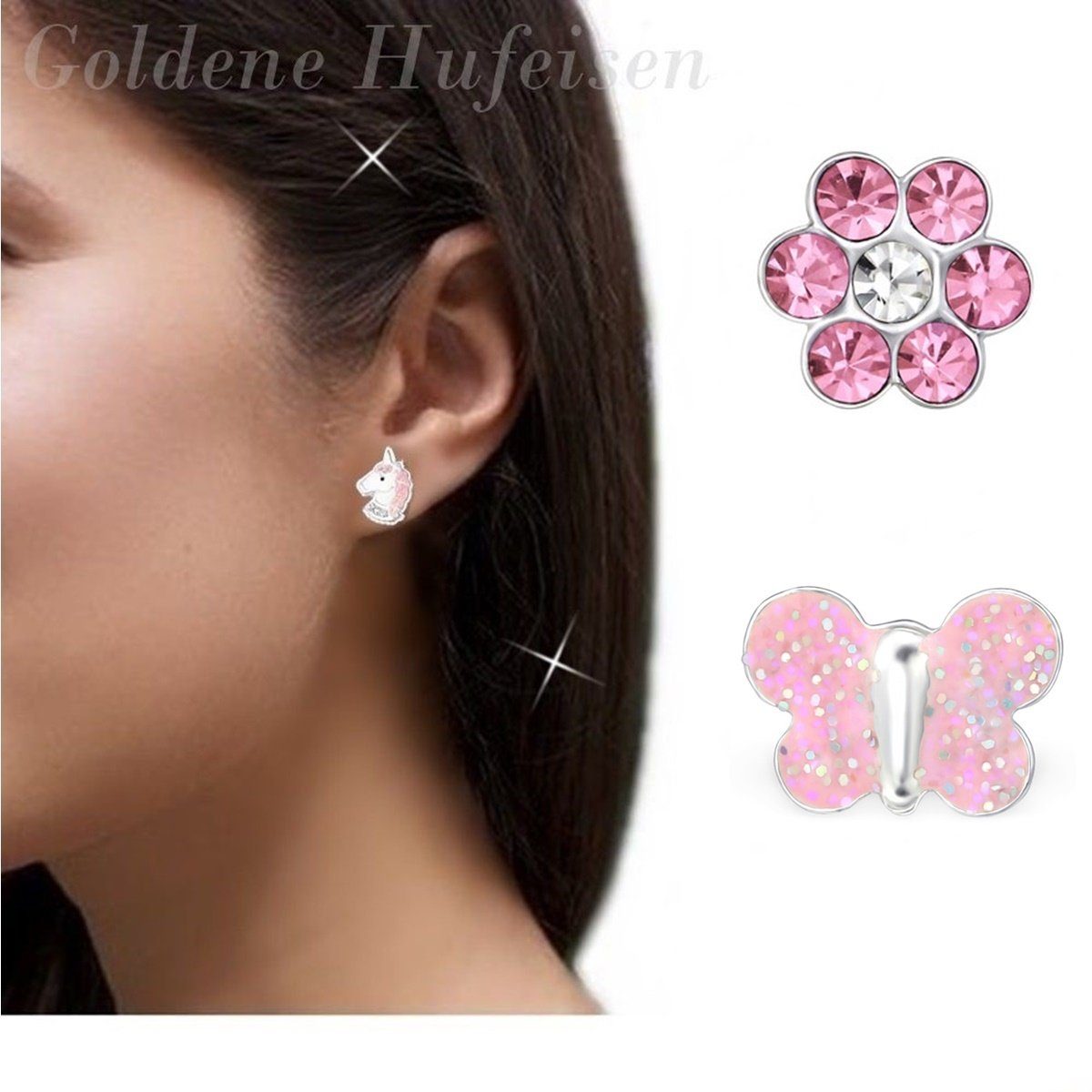 Ohrringe Mädchen Set Einhorn Schmetterling Blume Bild 2