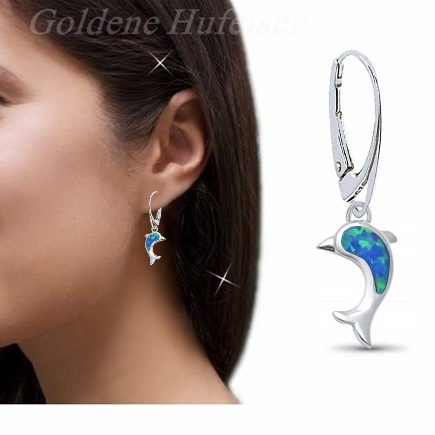 Ohrringe Silber 925 Delfin Opal hängend Blau Bild 2