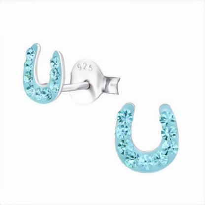 Glücksbringer Kinder Ohrstecker 925 Silber – Hufeisen blau Bild 1