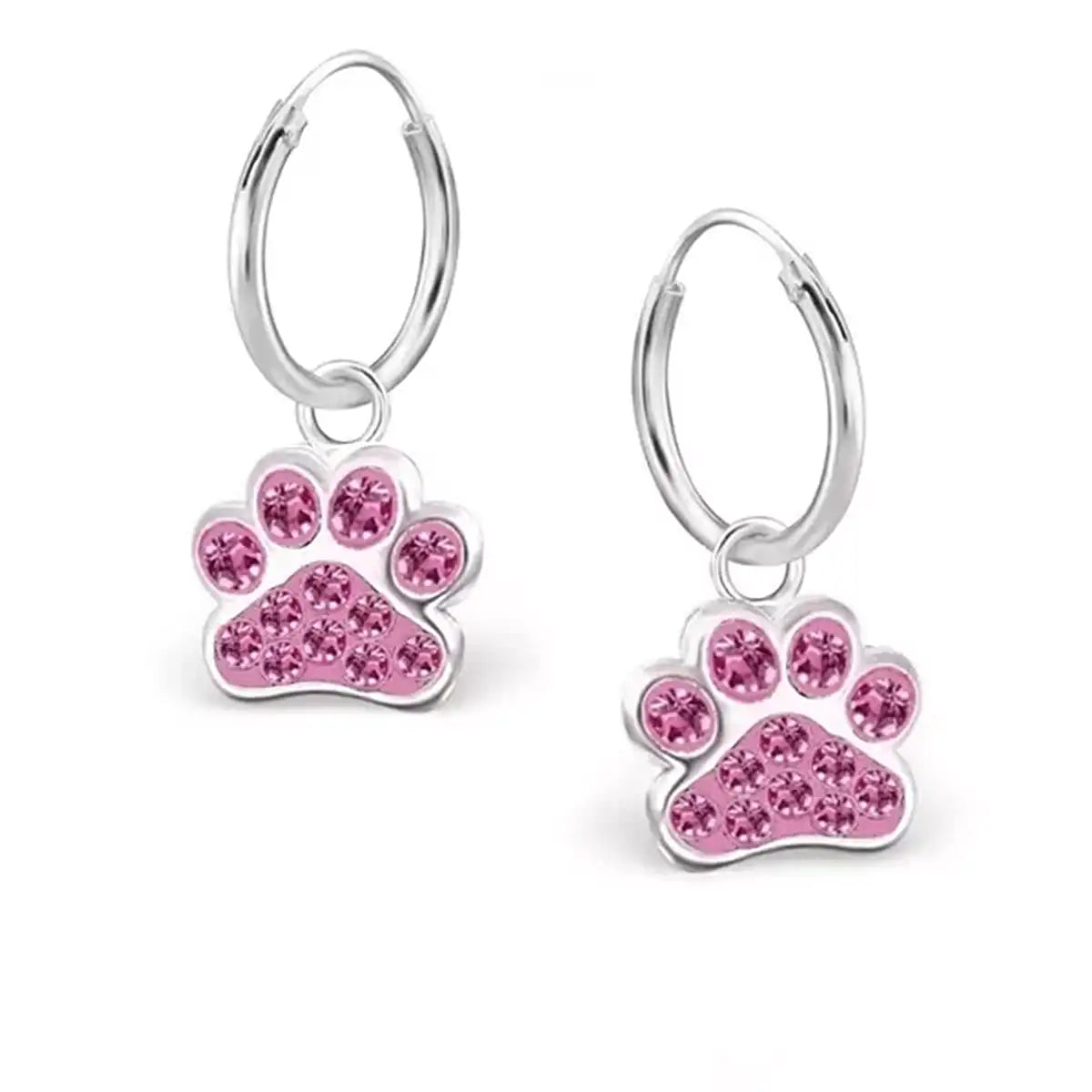 Pfoten Kinder Creolen 925 Silber – Kristall Tier Ohrringe Rosa