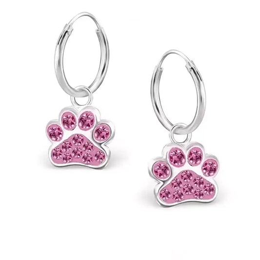 Pfoten Kinder Creolen 925 Silber – Kristall Tier Ohrringe Rosa