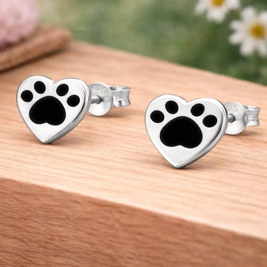 Pfoten Herz Ohrstecker 925 Silber – Tierpfote Schwarz Bild 2