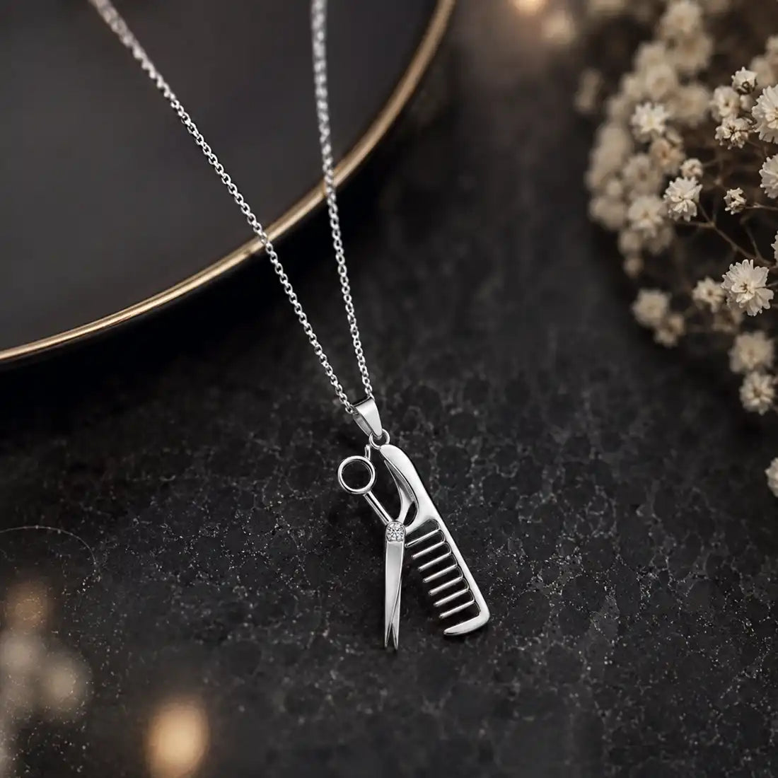 Schere Kamm Kette aus Silber (40-50cm)